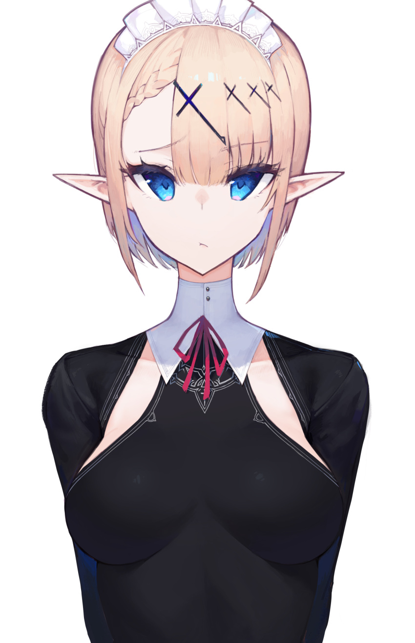 1girl, :<, absurdres, asymmetrical_bangs, bangs, blonde_hair, blue_hair, breasts