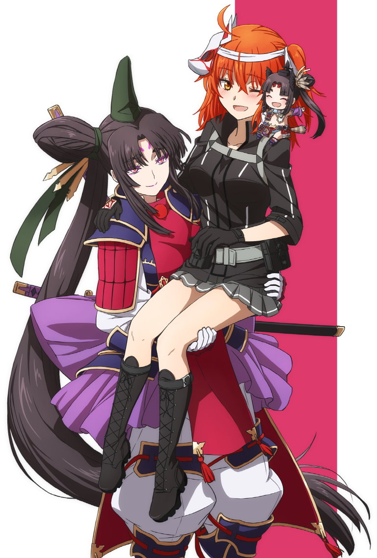3girls, ahoge, arm_guards, armor, bangs, belt, black_footwear, black_gloves