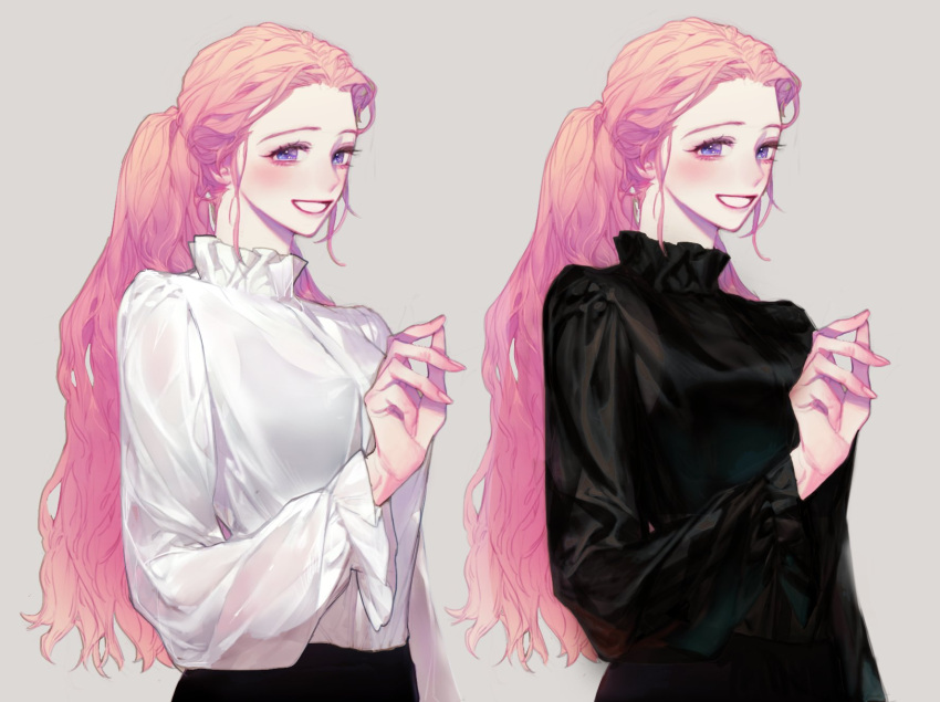1girl, black_shirt, blush, elizabeth_(pigeon666), fingernails, grey_background, hand_up, highres