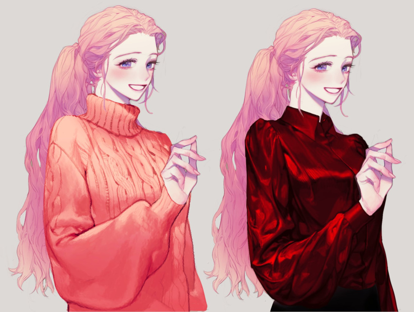 1girl, :d, blush, collared_shirt, elizabeth_(pigeon666), fingernails, grey_background, hand_up