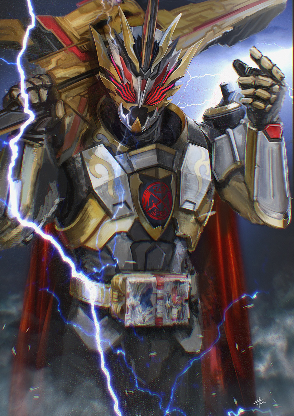 1boy, belt, cape, electricity, gloves, head_tilt, highres, holding, holding_sword, holding_weapon, kamen_rider, kamen_rider_saber_(series), kamen_rider_solomon, male_focus, open_hand, over_shoulder, power_armor, red_cape, red_eyes, science_fiction, solo, sword, tokusatsu, weapon, weapon_over_shoulder, yygnzm