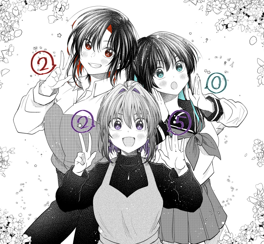 3girls, :o, absurdres, blue_eyes, blue_hair, blush, breasts, bukiyou_na_senpai