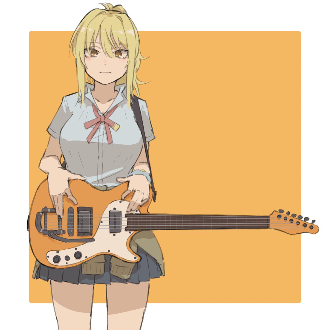 1girl, bangs, blonde_hair, bracelet, clothes_around_waist, collared_shirt, dress_shirt, grey_skirt, guitar, gyaru, instrument, irenji, jacket, jacket_around_waist, jewelry, love_live!, love_live!_nijigasaki_high_school_idol_club, medium_hair, miyashita_ai, neck_ribbon, nijigasaki_academy_uniform, orange_eyes, plaid, plaid_skirt, pleated_skirt, red_neckwear, ribbon, school_uniform, scrunchie, shirt, short_ponytail, sidelocks, simple_background, skirt, solo, summer_uniform, white_shirt, wrist_scrunchie, yellow_eyes