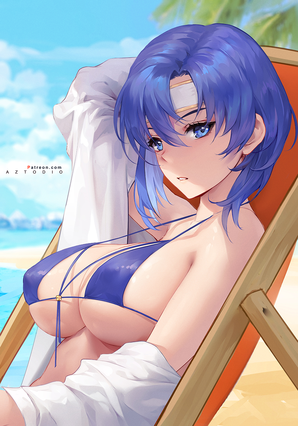 1girl, arm_up, azto_dio, bangs, beach, beach_chair, blue_background, blue_eyes