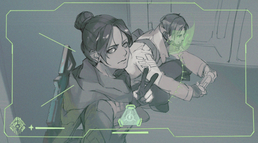 1boy, 1girl, apex_legends, backpack, bag, bangs, black_bodysuit, black_gloves