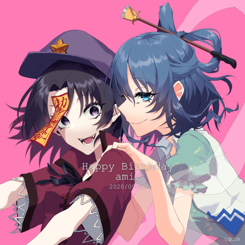 2girls, :d, blue_dress, blue_eyes, blue_hair, breasts, cabbie_hat, dress