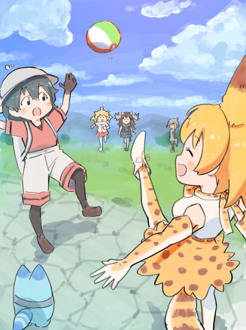 5girls, animal_ears, backpack, bag, ball, bare_shoulders, beachball, beige_shorts