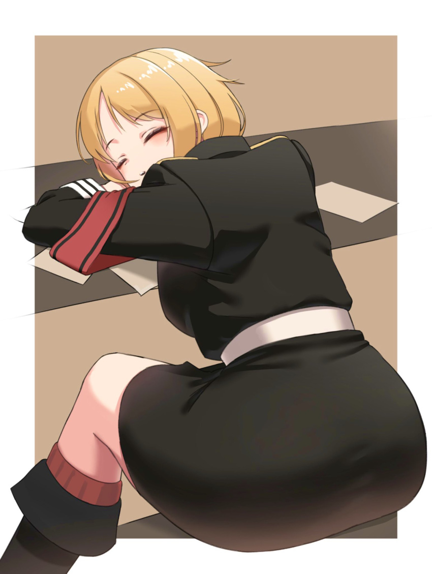 1girl, armband, black_jacket, black_skirt, blonde_hair, closed_eyes, girls_frontline, highres, jacket, long_sleeves, military, military_jacket, military_uniform, mp40_(girls_frontline), paper, pencil_skirt, short_hair, sitting, skirt, sleeping, solo, toryu_fufu, uniform, wehrmacht