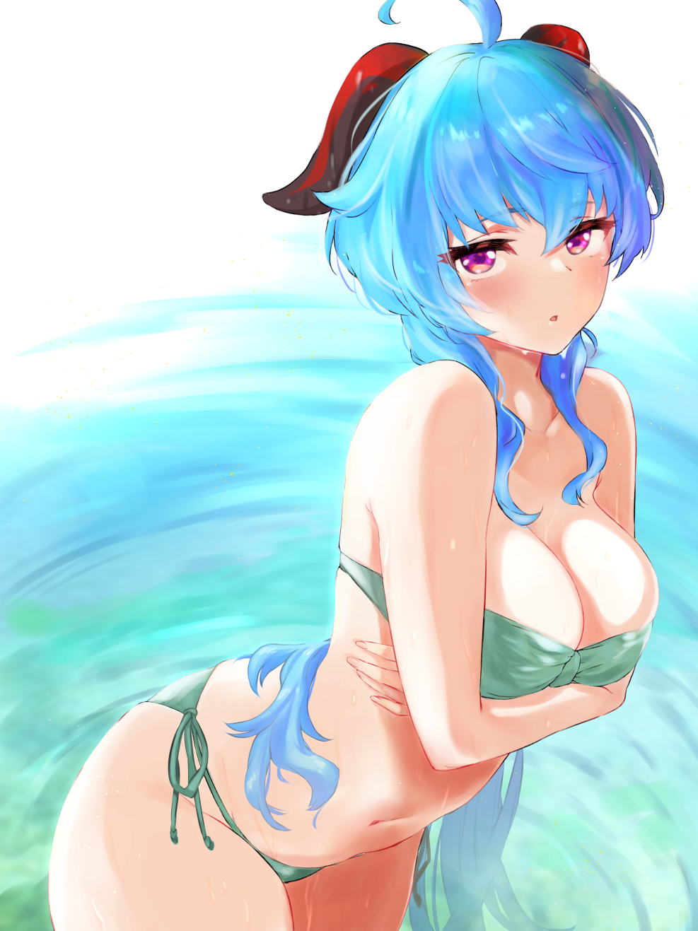 1girl, ahoge, bangs, bare_shoulders, bikini, blue_hair, blush, breasts