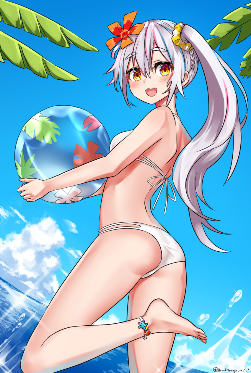 1girl, :d, alternate_hairstyle, anklet, ball, beachball, clouds, commentary_request