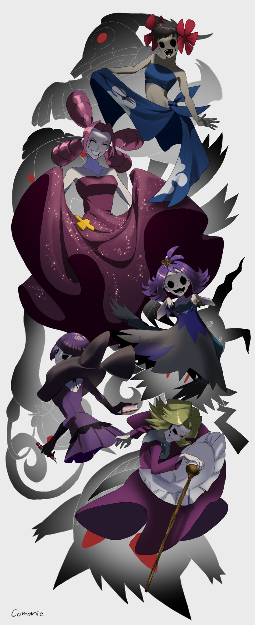5girls, acerola_(pokemon), agatha_(pokemon), apron, bandeau, bangs, blonde_hair, blue_bandeau