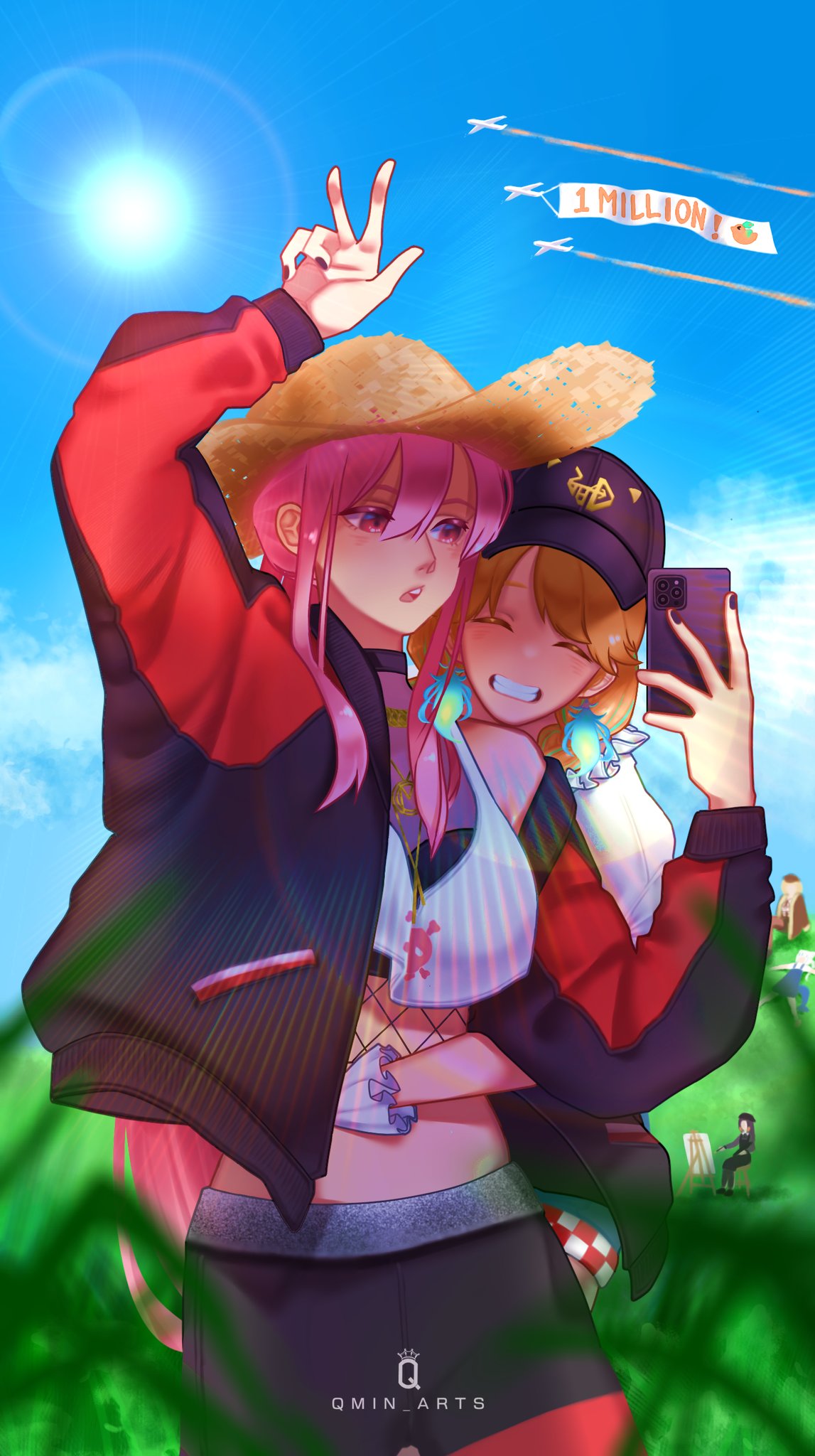 2girls, baseball_cap, black_nails, blush, cellphone, cellphone_strap, closed_eyes, couple