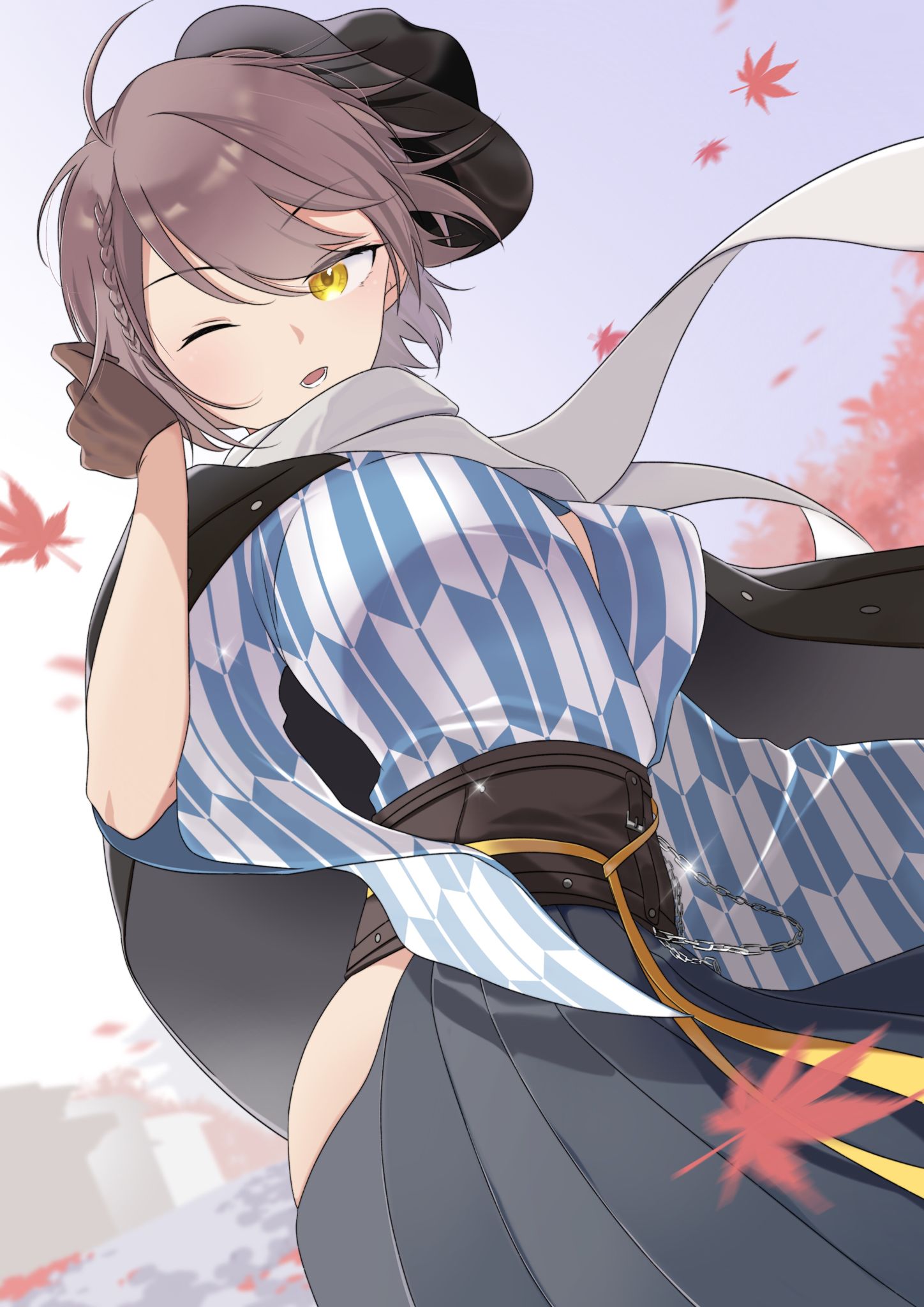 1girl, autumn_leaves, azur_lane, baltimore_(ace's_travel_journal)_(azur_lane), baltimore_(azur_lane), black_headwear, black_skirt, braid