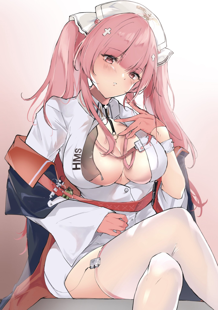 1girl, azur_lane, bad_id, bad_twitter_id, bangs, black_coat, breasts, cleavage_cutout, clothing_cutout, coat, collared_dress, commentary, cross_hair_ornament, crossed_legs, dress, finger_to_face, gloves, hair_ornament, half-closed_eyes, hat, head_tilt, highres, large_breasts, long_hair, long_sleeves, looking_at_viewer, microdress, nurse, nurse_cap, off-shoulder_coat, official_alternate_costume, parted_lips, perseus_(azur_lane), perseus_(nursery_service_time)_(azur_lane), pink_eyes, pink_gloves, pink_hair, sitting, solo, thigh-highs, twintails, white_dress, white_headwear, white_legwear, wide_sleeves, yamakonbu