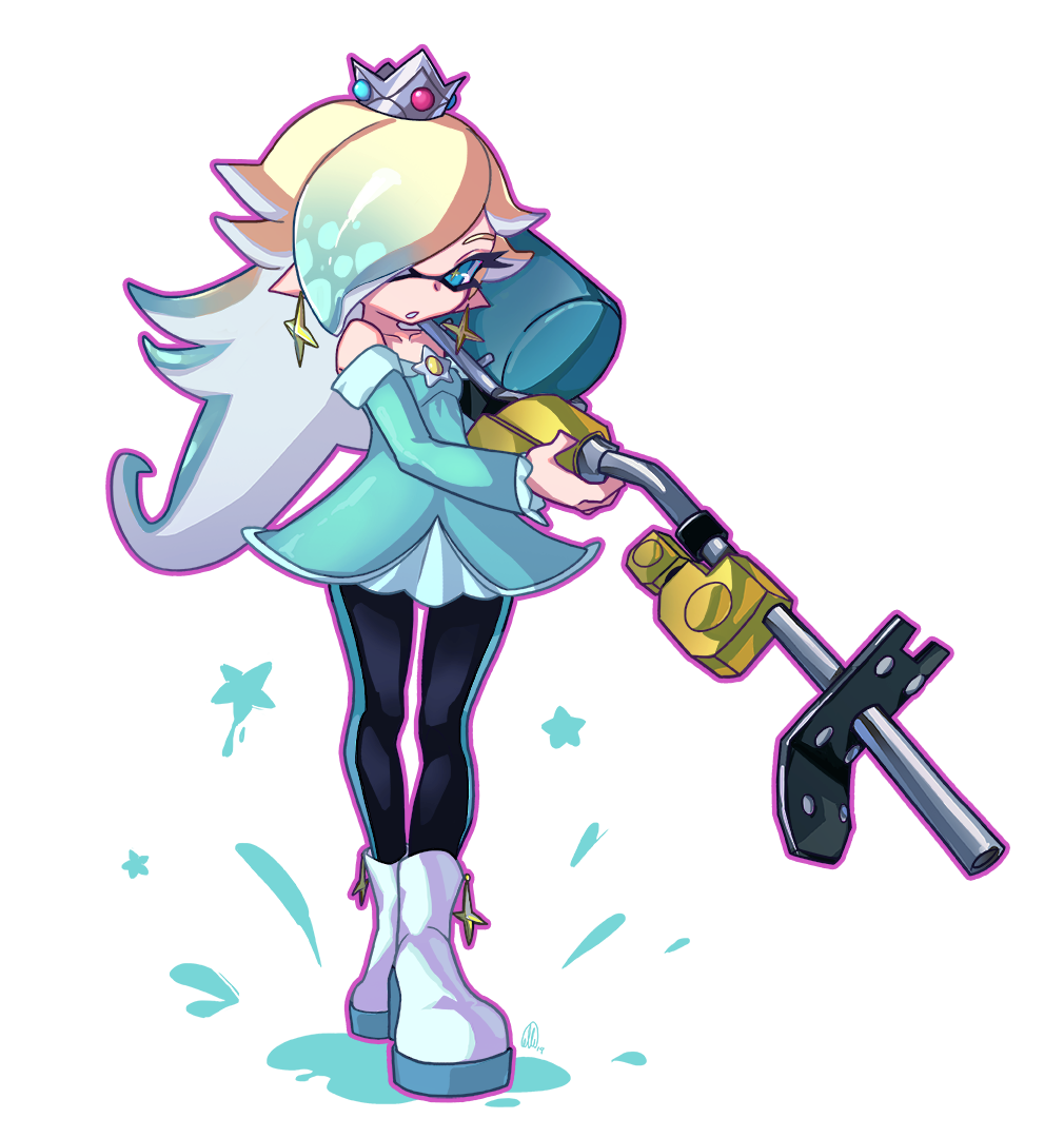 1girl, :o, aqua_dress, aqua_eyes, aqua_hair, artist_name, bangs, black_legwear, blonde_hair, boots, commentary, commission, crown, domino_mask, dress, e-liter_4k_(splatoon), earrings, english_commentary, full_body, fusion, gradient_hair, grey_headwear, holding, holding_weapon, inkling, jewelry, long_hair, long_sleeves, looking_at_viewer, mask, michelle_(artofcelle), multicolored_hair, nintendo, off-shoulder_dress, off_shoulder, open_mouth, pantyhose, princess_rosalina, rosalina, short_dress, signature, solo, splatoon_(series), splatoon_2, standing, star_(symbol), star_earrings, super_mario_bros., swept_bangs, transparent_background, weapon, white_footwear