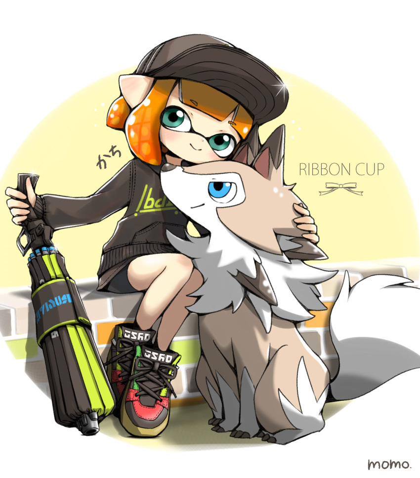 1girl, artist_name, bangs, baseball_cap, bike_shorts, black_headwear, black_shorts, blunt_bangs, bob_cut, brick_wall, closed_mouth, clothes_writing, commentary_request, company_connection, cross-laced_footwear, crossover, domino_mask, english_text, eyebrows_visible_through_hair, gen_7_pokemon, green_eyes, grey_skirt, grey_sweater, hat, hero_brella_(splatoon), highres, holding, holding_weapon, inkling, inkling_(language), leaning_to_the_side, long_sleeves, looking_at_viewer, lycanroc, lycanroc_(midday), mask, miniskirt, mokokoiro, multicolored_footwear, nintendo, orange_hair, petting, pointy_ears, pokemon, pokemon_(creature), print_sweater, shoes, short_hair, shorts, shorts_under_skirt, signature, sitting, skirt, smile, sneakers, solo, sparkle, splatoon_(series), splatoon_2, sweater, tentacle_hair, weapon