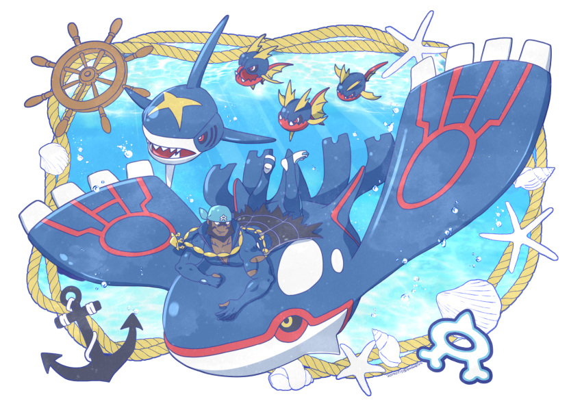 1boy, air_bubble, anchor, anchor_necklace, archie_(pokemon), batabiru, beard, blue_bandana, brown_hair, bubble, carvanha, closed_mouth, commentary_request, dark-skinned_male, dark_skin, facial_hair, gen_3_pokemon, highres, kyogre, legendary_pokemon, lying, male_focus, on_stomach, pokemon, pokemon_(creature), pokemon_(game), pokemon_oras, riding_pokemon, rope, seashell, sharpedo, shell, ship's_wheel, smile, starfish, team_aqua, underwater, wetsuit