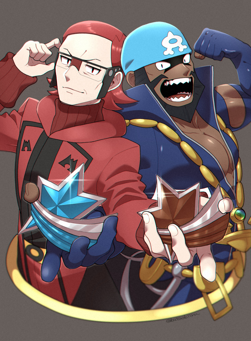 2boys, adjusting_eyewear, archie_(pokemon), batabiru, beard, black_hair, blue_bandana, clenched_hand