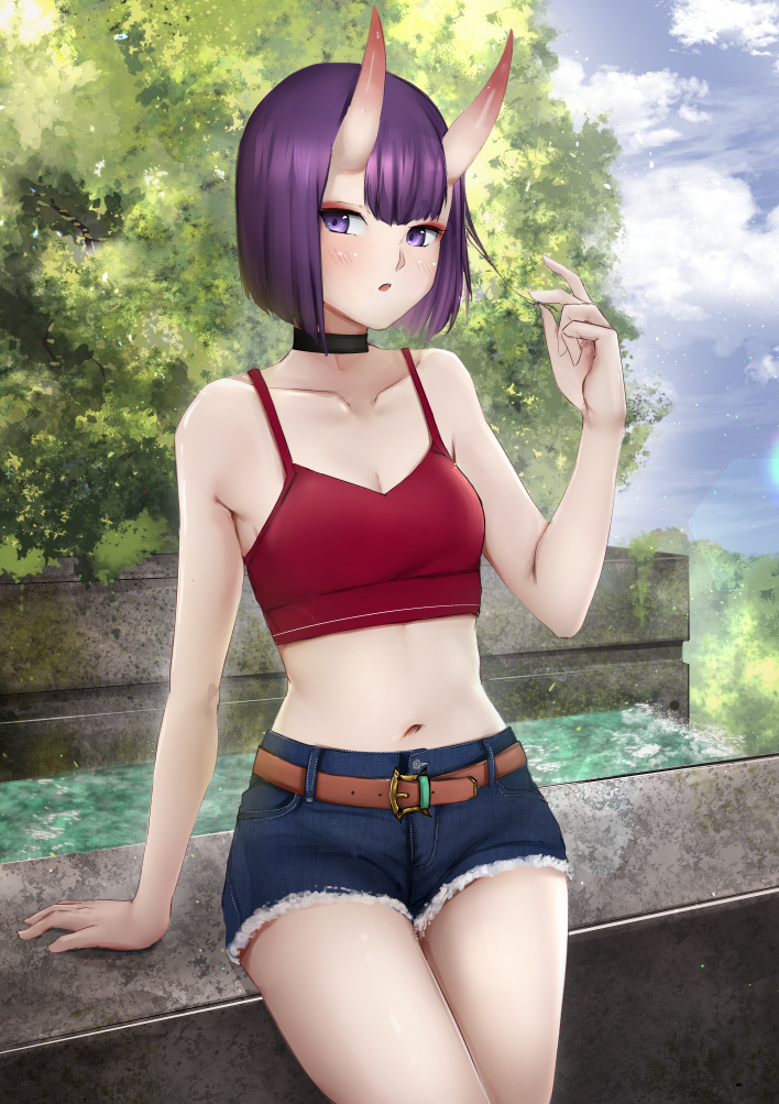 1girl, bangs, belt, blue_shorts, blue_sky, blush, bob_cut, breasts, camisole, choker, contemporary, crop_top, cutoffs, denim, denim_shorts, eyeliner, fate/grand_order, fate_(series), horns, looking_at_viewer, makeup, midriff, navel, oni, oni_horns, open_mouth, purple_hair, red_camisole, selarz, short_hair, short_shorts, shorts, shuten_douji_(fate), skin-covered_horns, sky, small_breasts, solo, tree, violet_eyes, water