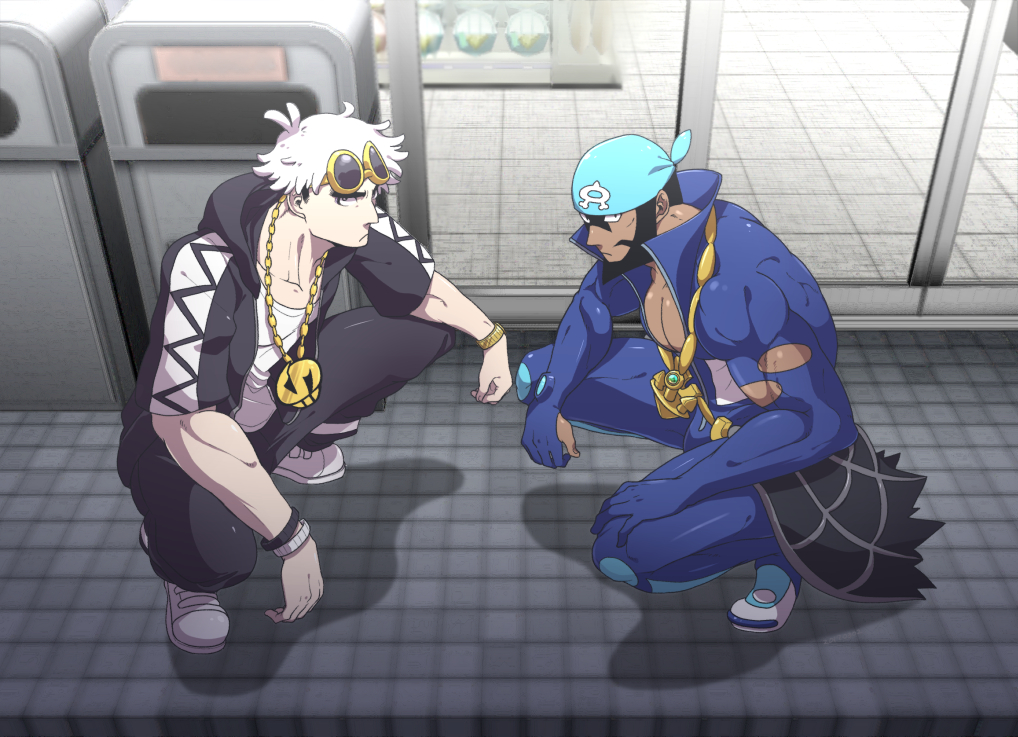 2boys, anchor_necklace, archie_(pokemon), batabiru, beard, black_hair, black_jacket, black_pants