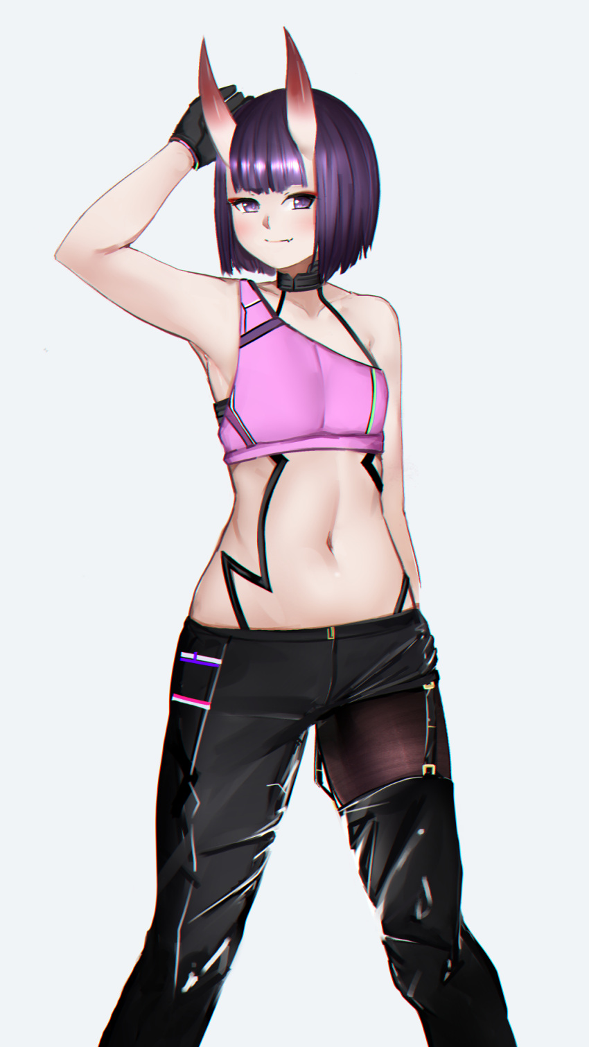 1girl, arm_behind_head, arm_up, armpits, bangs, bare_shoulders, black_gloves, black_pants