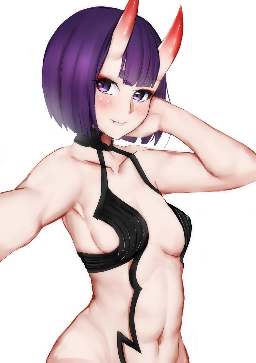 1girl, bangs, bare_shoulders, bob_cut, breasts, collarbone, eyeliner, fate/grand_order, fate_(series), highres, horns, looking_at_viewer, makeup, navel, oni, oni_horns, outstretched_arm, purple_hair, revealing_clothes, selarz, selfie, short_hair, shuten_douji_(fate), skin-covered_horns, small_breasts, smile, solo, violet_eyes