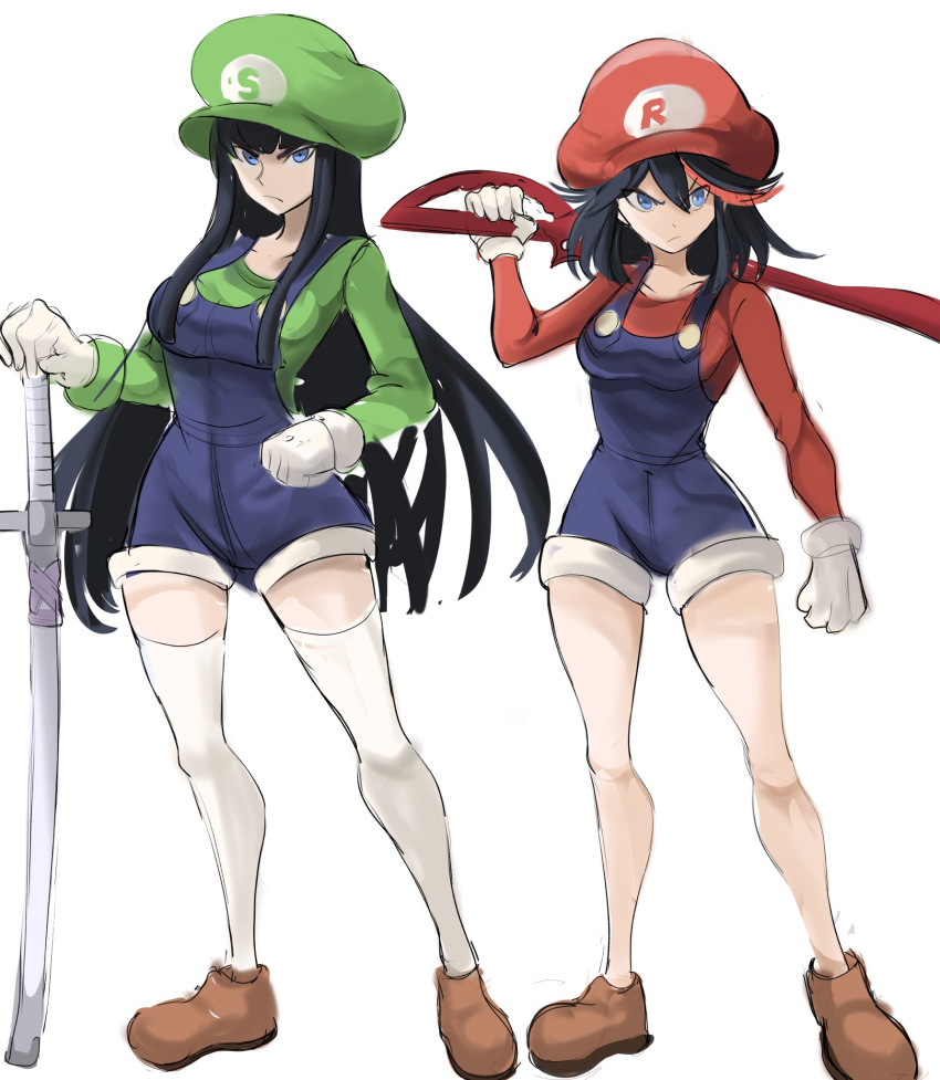 black_hair, blue_eyes, breasts, cosplay, gloves, hat, highres, katana