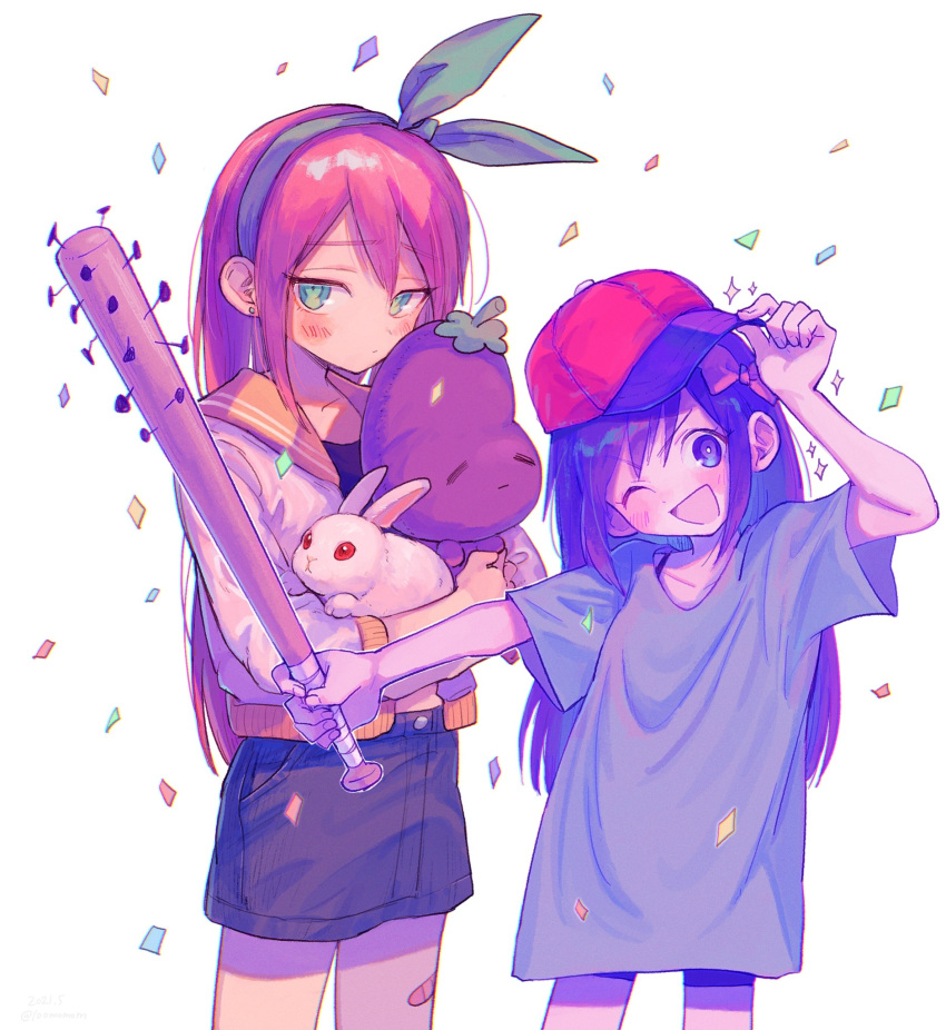 100momom, 2girls, adjusting_clothes, adjusting_headwear, animal, aqua_dress, aqua_eyes, aqua_hairband