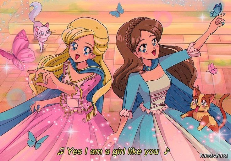 1990s_(style), 2girls, anneliese, anneliese_(barbie), barbie_(character), barbie_(franchise), barbie_as_the_princess_and_the_pauper, barbie_movies, blonde_hair, blue_dress, blue_eyes, braid, brenni_murasaki, brick, brown_hair, bug, butterfly, caption, cat, choker, cloak, corset, dress, erika_(barbie), from_above, insect, jewelry, long_hair, medieval, multiple_girls, music, necklace, pink_dress, princess_and_the_pauper, retro_artstyle, singing, yuri