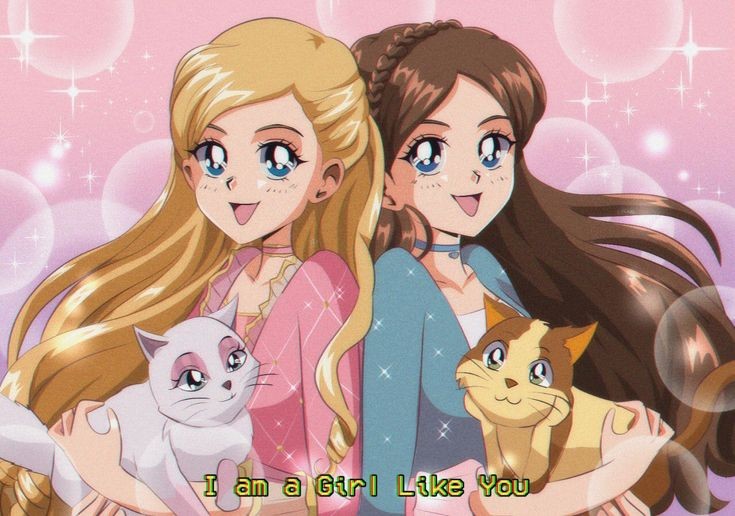1990s_(style), 2girls, animal, anneliese_(barbie), back-to-back, barbie_(character), barbie_(franchise), barbie_as_the_princess_and_the_pauper