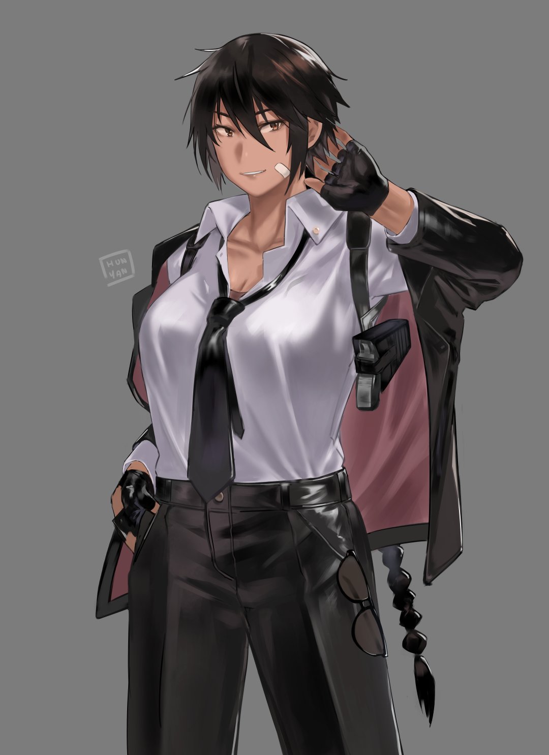1girl, arm_up, black_hair, black_jacket, black_pants, braid, braided_ponytail, breasts