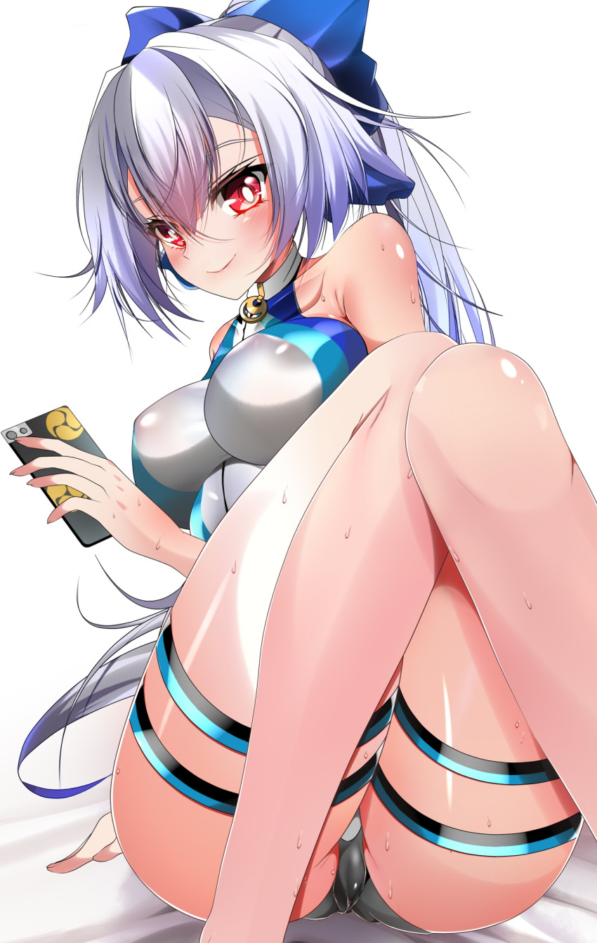1girl, ass, bangs, bare_shoulders, blue_bow, blue_swimsuit, bow, breasts