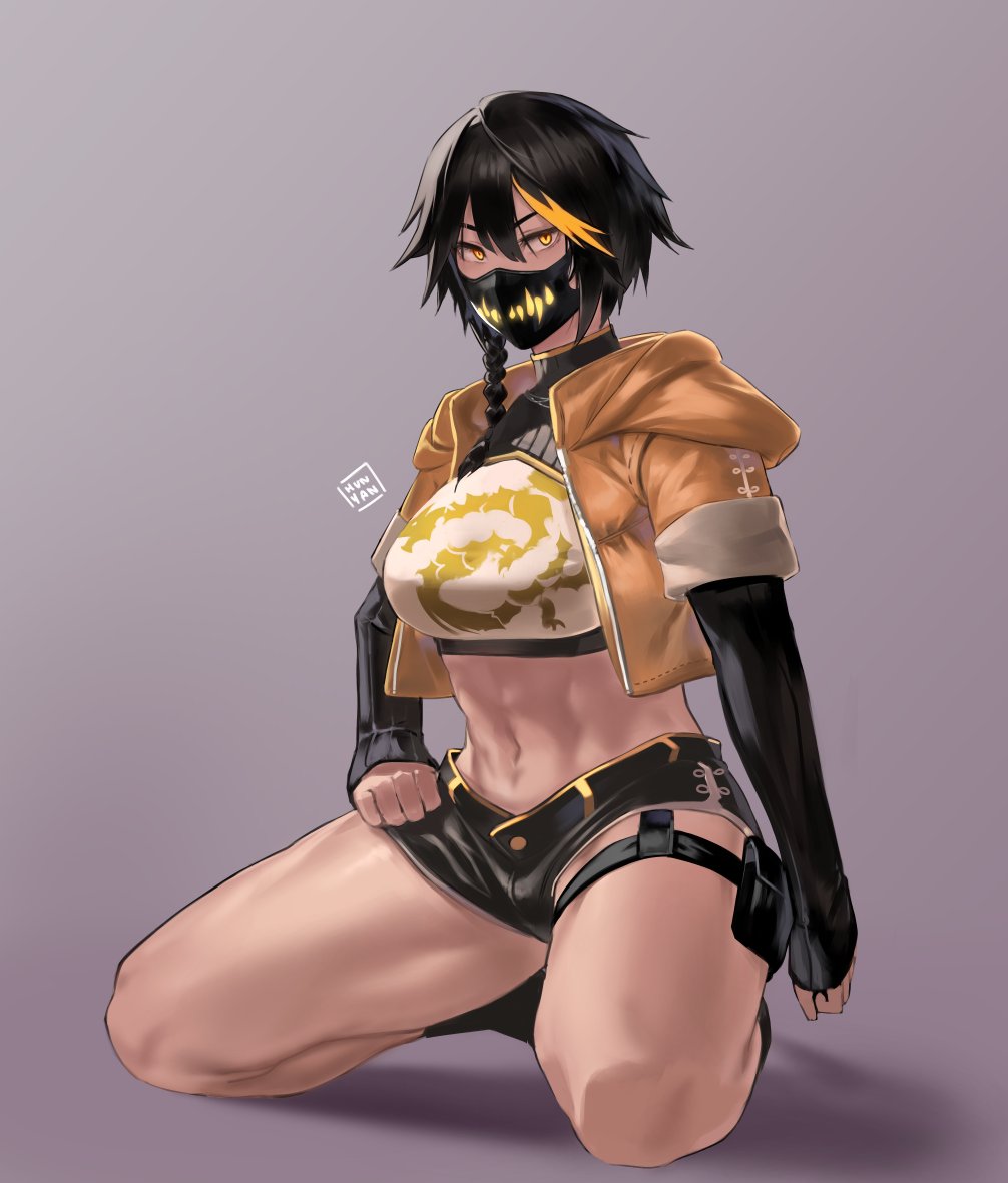 1girl, black_hair, black_mask, black_shorts, blonde_hair, braid, gradient, gradient_background, hun_yan, jacket, layered_sleeves, long_sleeves, looking_at_viewer, mask, midriff, mouth_mask, multicolored_hair, navel, orange_jacket, original, print_mask, print_shirt, purple_background, shirt, short_hair_with_long_locks, short_over_long_sleeves, short_sleeves, shorts, solo, streaked_hair, yellow_eyes