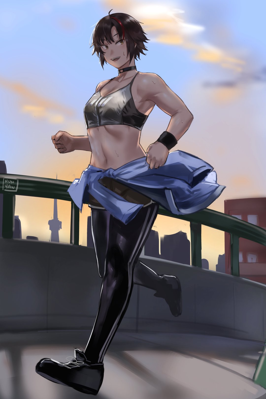 1girl, black_choker, black_legwear, black_shorts, black_sports_bra, blue_jacket, blue_sky, choker