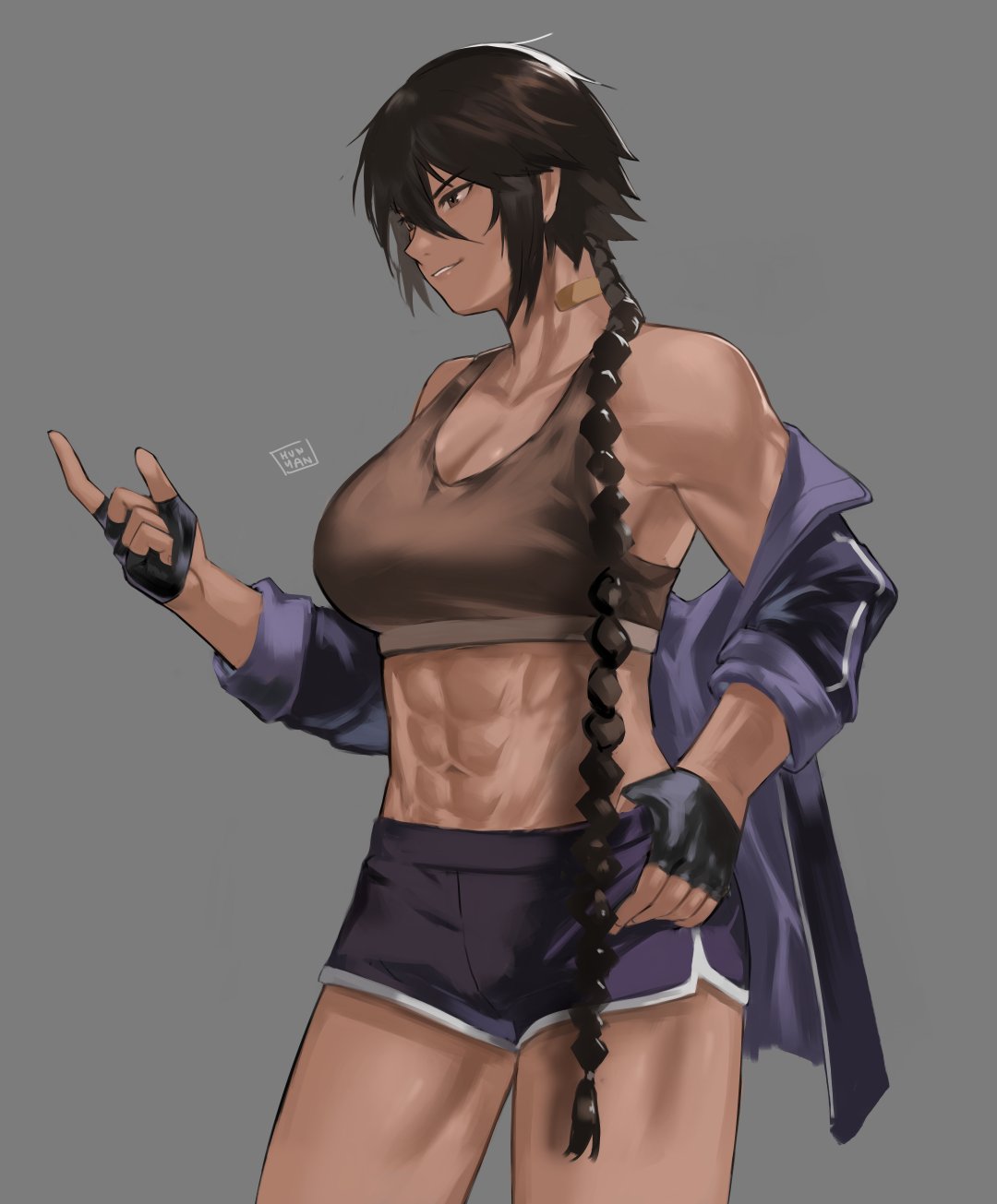 1girl, abs, black_gloves, black_hair, black_jacket, braid, braided_ponytail, brown_sports_bra, dark-skinned_female, dark_skin, fingerless_gloves, gloves, grey_background, hand_up, highres, hun_yan, jacket, long_hair, off_shoulder, original, parted_lips, profile, shadow, simple_background, smile, solo, sports_bra, very_long_hair