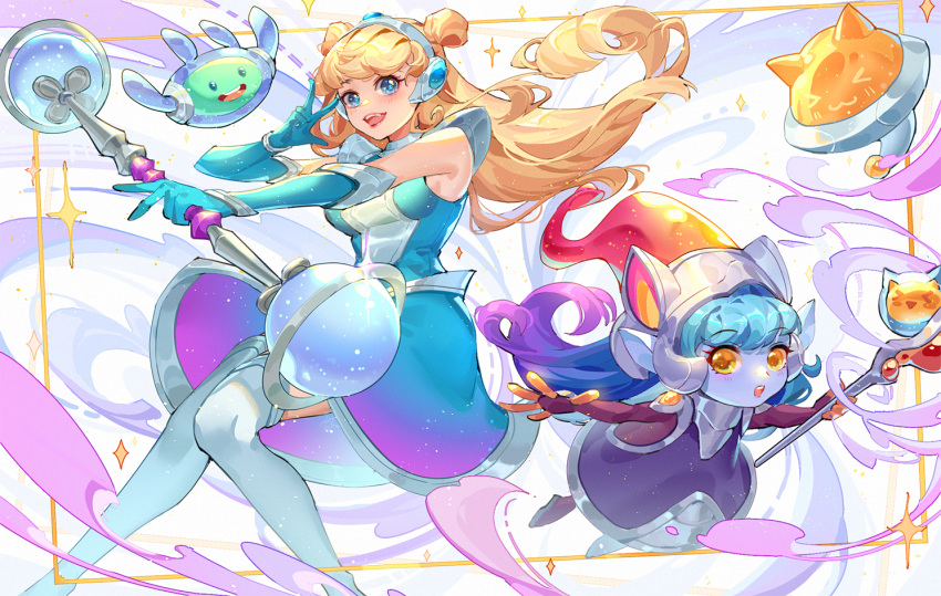 2girls, animal_ear_headwear, animal_ears, aqua_dress, aqua_gloves, bare_shoulders, blonde_hair, blue_eyes