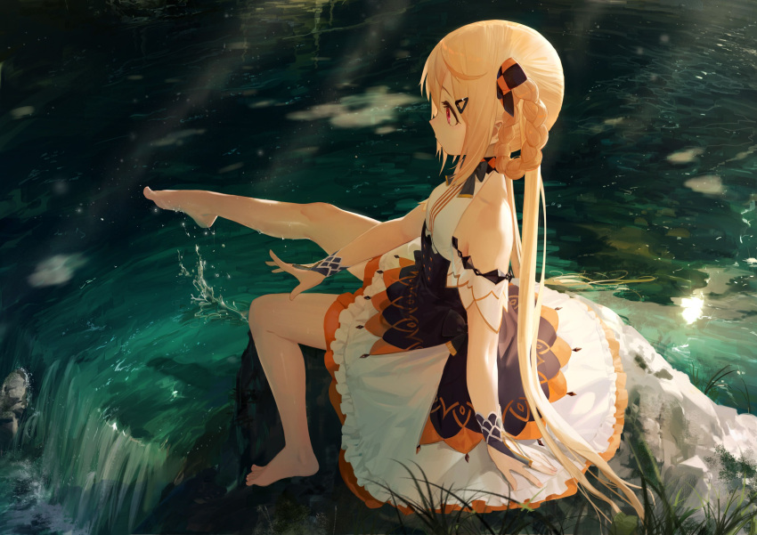 1girl, absurdres, bangs, bare_legs, bare_shoulders, barefoot, blonde_hair, bridal_gauntlets