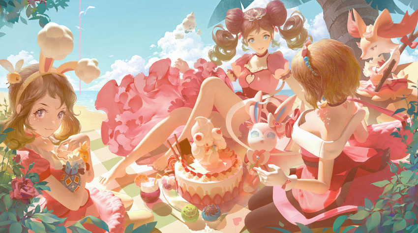 3girls, absurdres, alcremie, alcremie_(strawberry_sweet), bangs, barefoot, beach, blue_eyes, blush, bow_hairband, braixen, breasts, brown_hair, brown_legwear, cake, closed_mouth, clouds, commentary_request, cupcake, cutiefly, day, dress, drill_hair, drinking_straw, egg, eyelashes, food, fruit, gen_2_pokemon, gen_3_pokemon, gen_4_pokemon, gen_5_pokemon, gen_6_pokemon, gen_7_pokemon, gen_8_pokemon, geoffthrills, grey_eyes, hair_tie, hairband, highres, holding, holding_egg, huge_filesize, looking_at_viewer, lucario, may_(pokemon), multiple_girls, orange_(food), orange_slice, outdoors, palm_tree, pantyhose, picnic_basket, pink_dress, pokemon, pokemon_(anime), pokemon_(creature), pokemon_(game), pokemon_bw2, pokemon_masters_ex, pokemon_xy_(anime), pokestar_studios, rosa_(pokemon), sand, serena_(pokemon), shore, short_hair, short_sleeves, sitting, sky, smile, sylveon, tiara, tied_hair, toes, togepi, torchic, tree, twin_drills, twintails, vanillite, water, yellow_hairband
