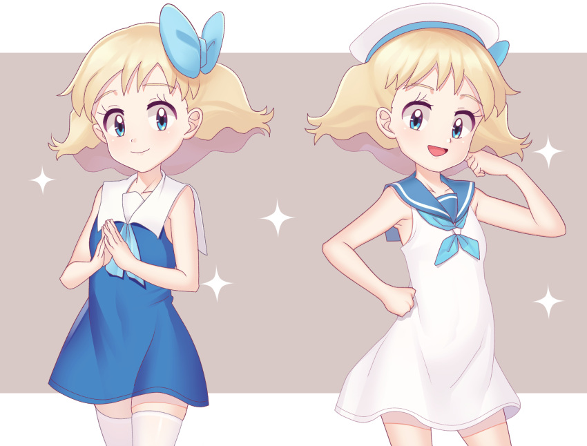 1girl, :d, bangs, bare_arms, blonde_hair, blue_bow, blue_dress, blue_eyes