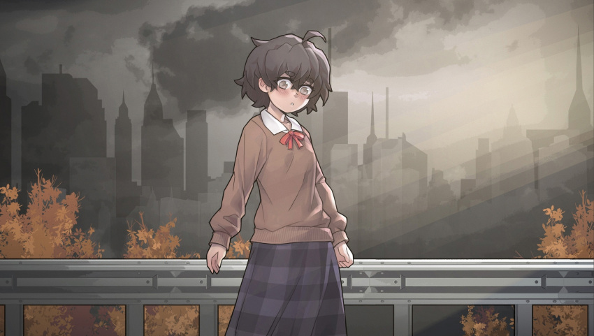 1girl, blind_girl_(popopoka), bow, bowtie, brown_hair, bush, cityscape, commentary