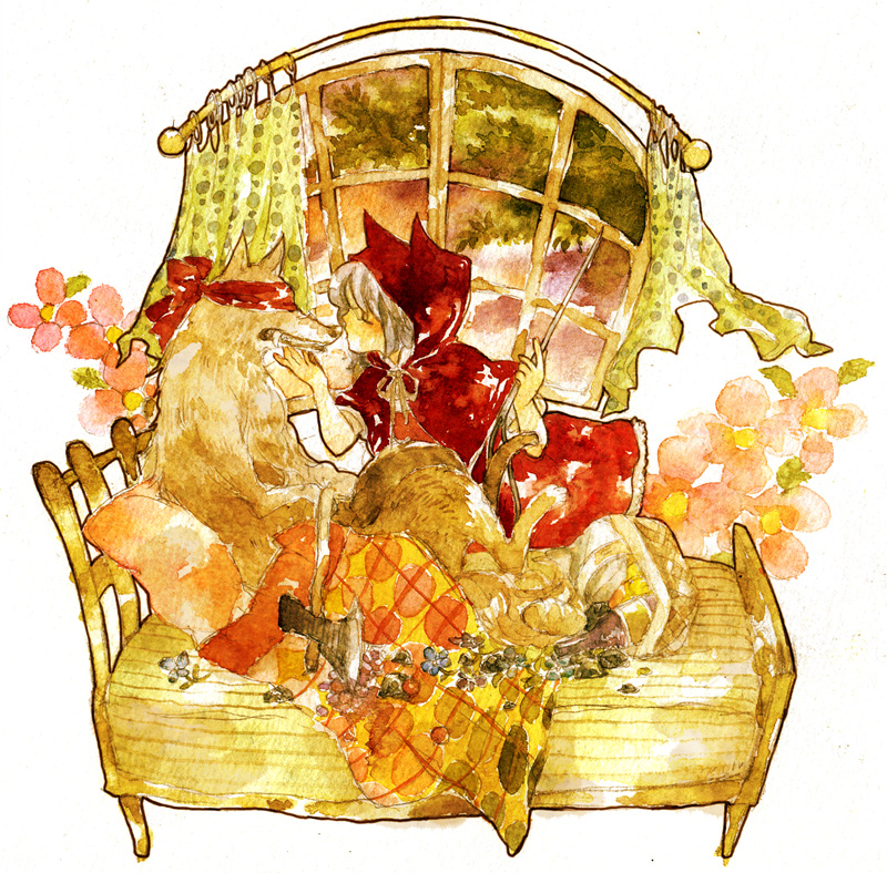 animal_ears, bed, big_bad_wolf_(grimm), blindfold, cape, folklore, grimm's_fairy_tales, hood