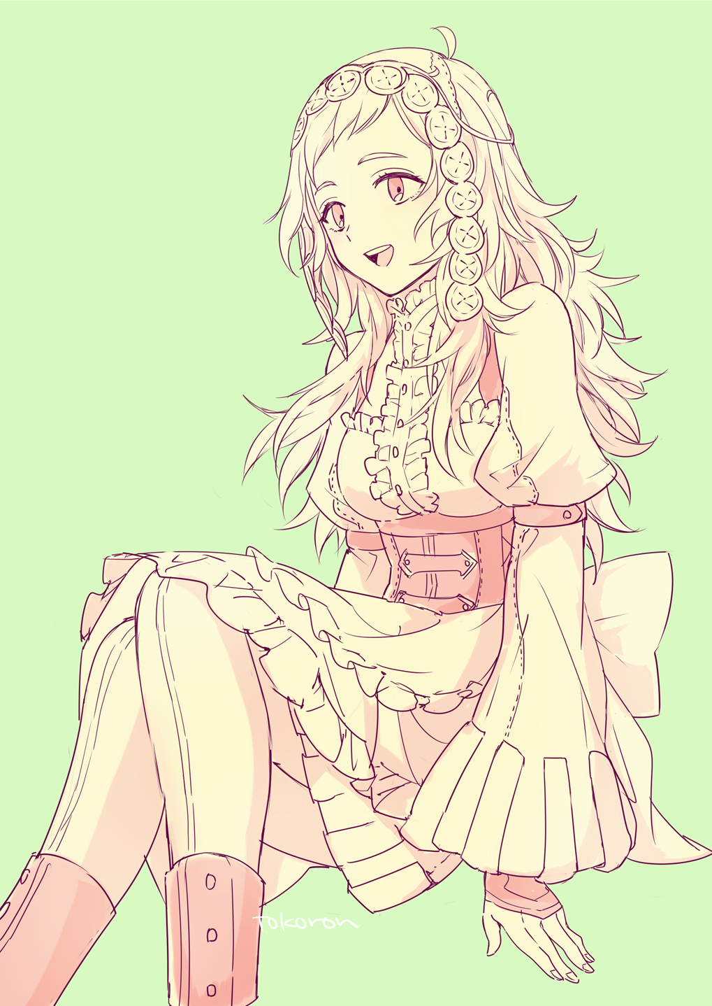 1girl, ahoge, bangs, breasts, buttons, corset, cosplay, fire_emblem, fire_emblem_awakening, fire_emblem_fates, frills, full_body, headdress, highres, lissa_(fire_emblem), lissa_(fire_emblem)_(cosplay), long_hair, looking_to_the_side, medium_breasts, open_mouth, ophelia_(fire_emblem), tonton318831