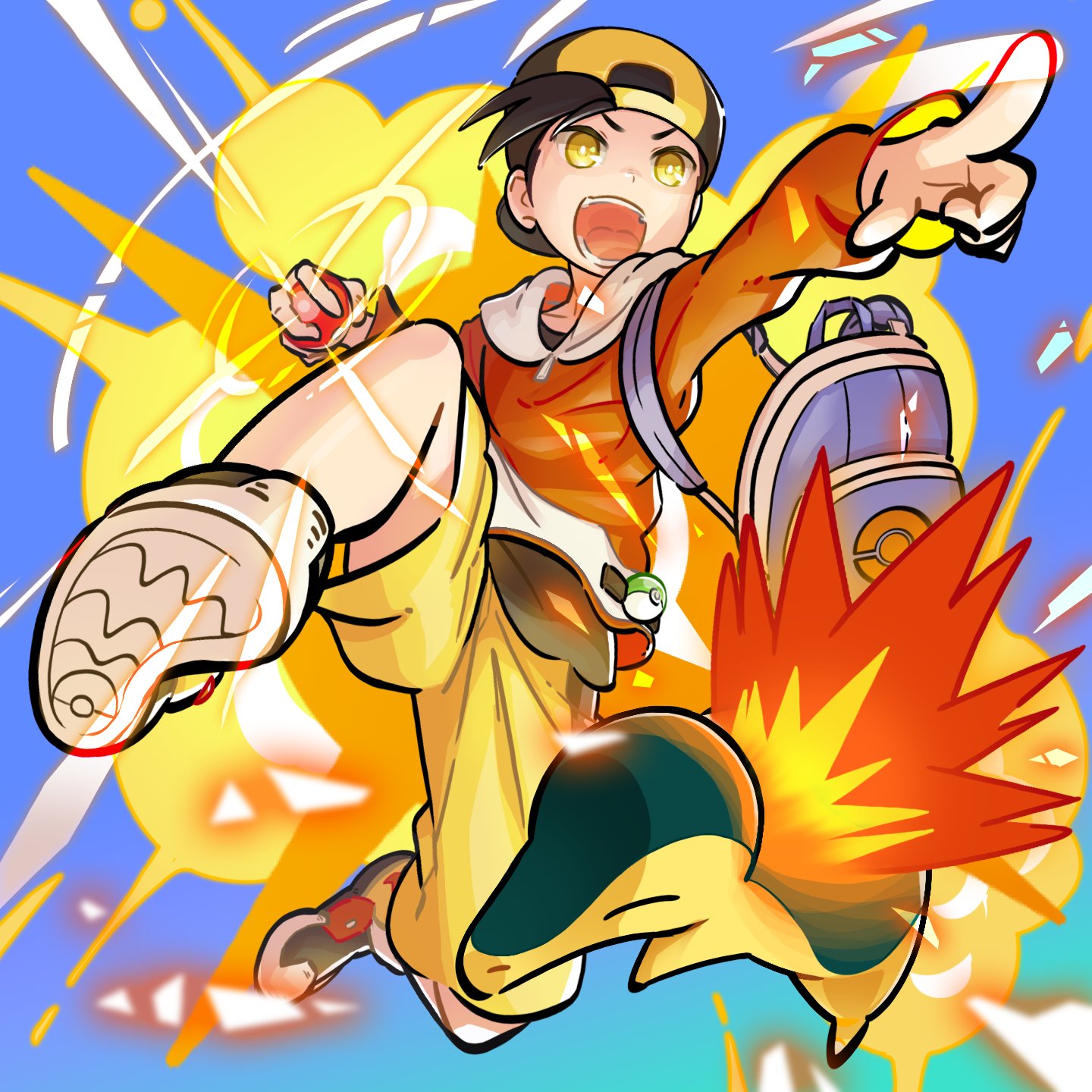 1boy, arms_up, black_hair, bright_pupils, brown_hoodie, creature, cyndaquil, fire