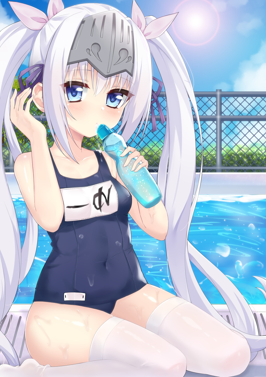 1girl, bangs, blue_eyes, blue_sky, bottle, breasts, chain-link_fence, clothes_writing