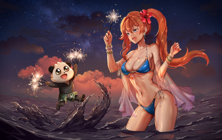 1girl, absurdres, artist_name, bikini, blue_eyes, bracelet, clouds, cloudy_sky
