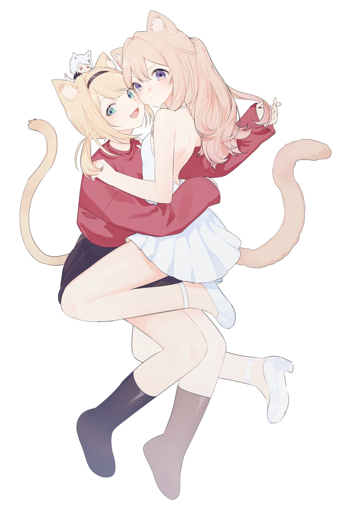 3girls, aa_subarashiki_nyansei_(vocaloid), animal_ears, bangs, black_skirt, blonde_hair, cat_ears, cat_girl