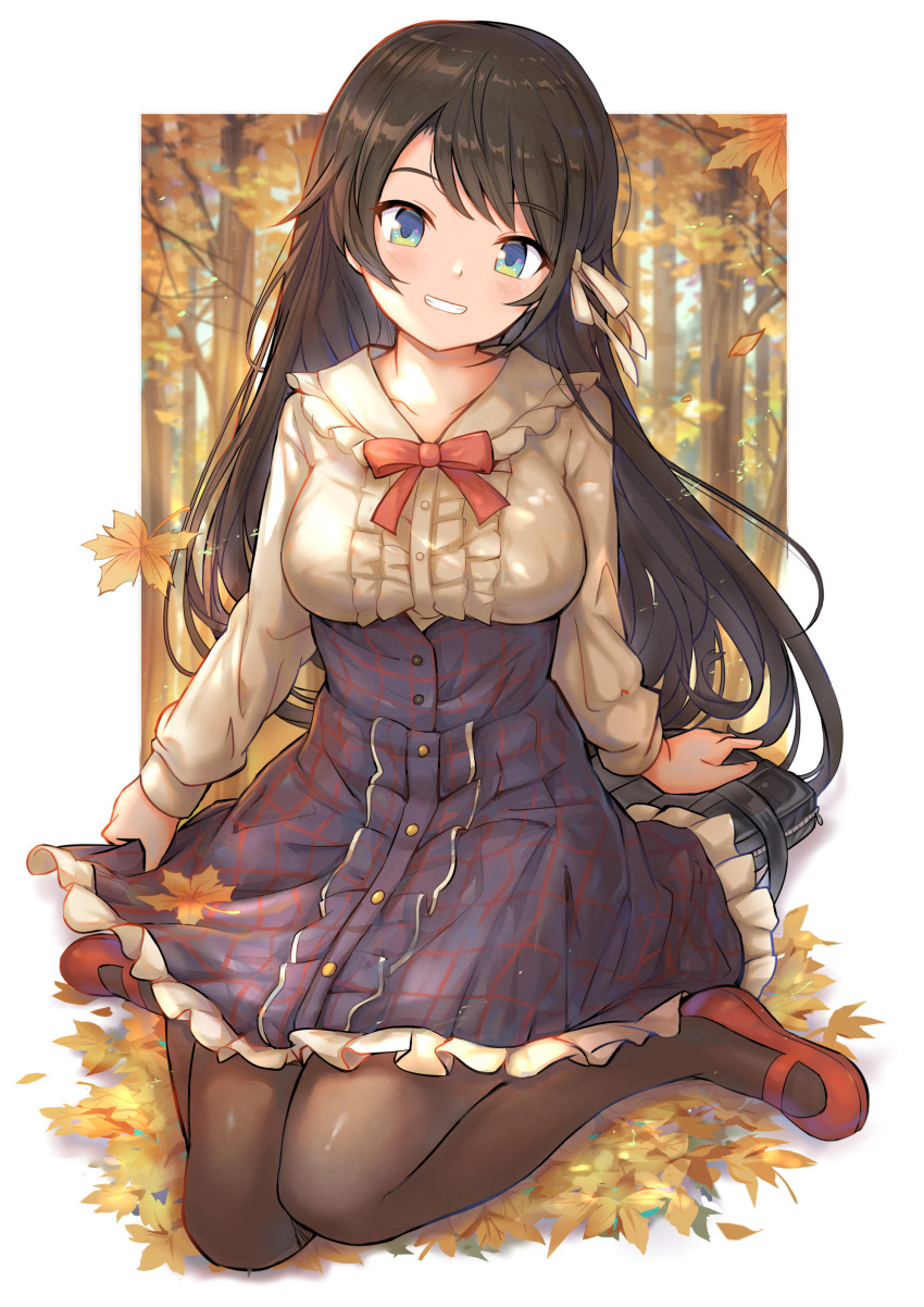 1girl, absurdres, alternate_hair_length, alternate_hairstyle, bag, bangs, black_hair, black_legwear