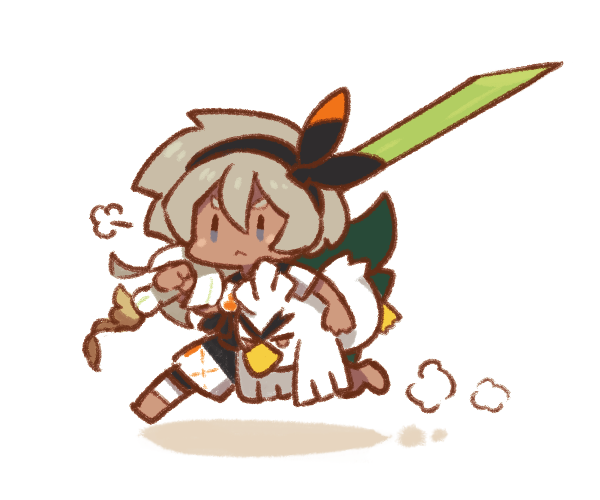 1girl, :<, bangs, barefoot, bea_(pokemon), black_hairband, bow_hairband, chibi, closed_mouth, commentary_request, dark-skinned_female, dark_skin, gen_8_pokemon, grey_eyes, grey_hair, gym_leader, hair_between_eyes, hairband, holding, holding_pokemon, land-k, pokemon, pokemon_(creature), pokemon_(game), pokemon_swsh, print_shirt, print_shorts, running, shirt, short_hair, short_sleeves, shorts, sirfetch'd, spring_onion, white_background