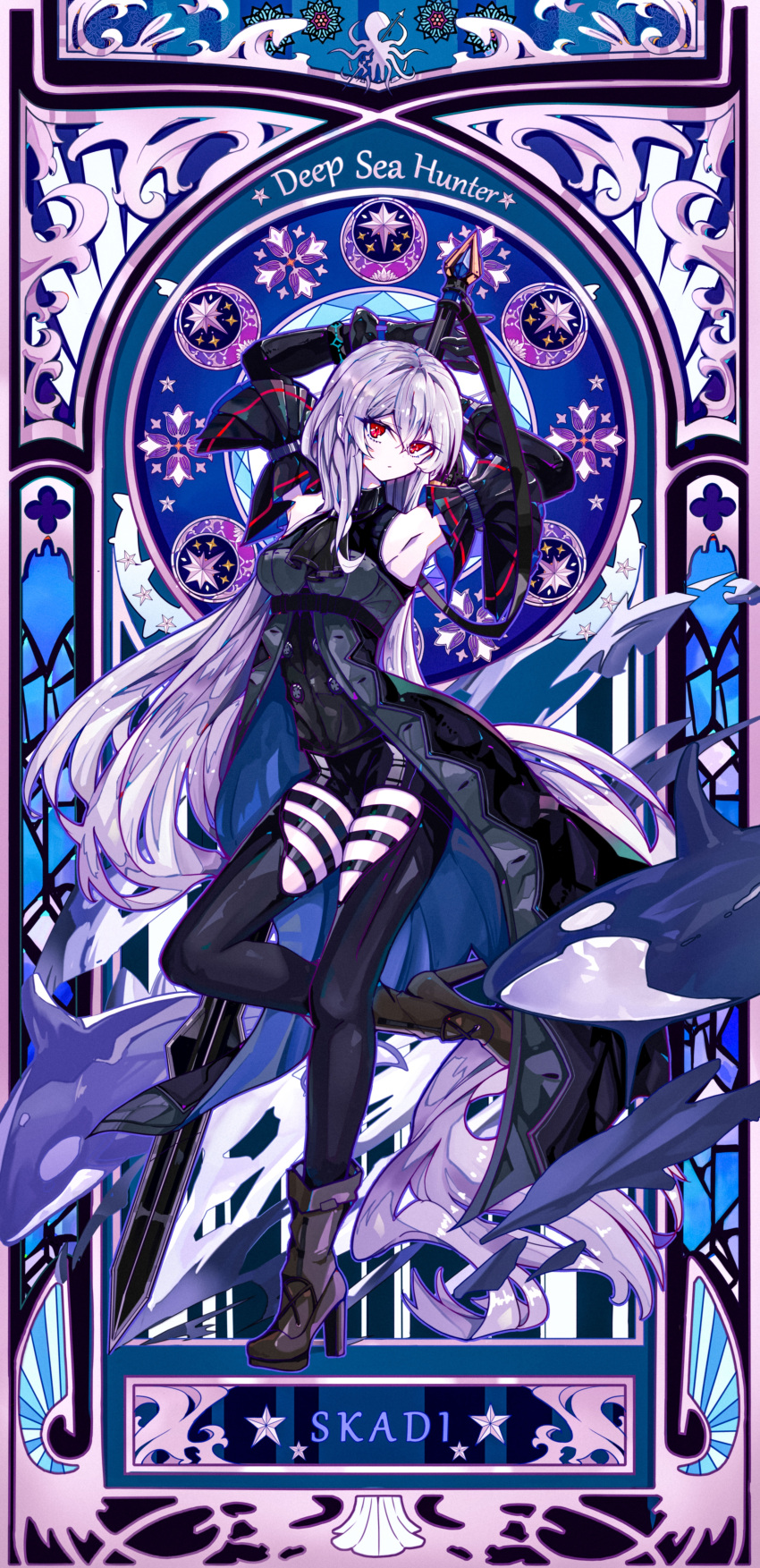 1girl, absurdres, abyssal_hunters_logo, arknights, arm_cuffs, armpits, arms_behind_head, art_nouveau