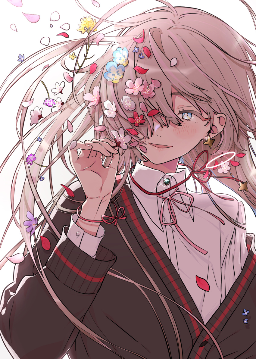 1boy, absurdres, aqua_flower, black_sweater, blue_menouu, blush, earrings, flower